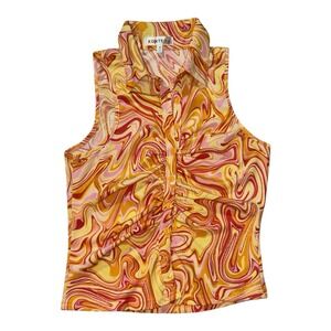 Kontrol Woman Medium Boho Hippie Top Psychedelic Orange Button Up Sleeveless